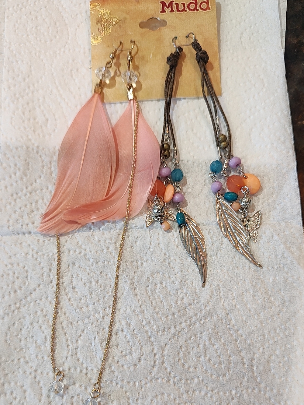 Mudd Pink Feather and Multi-Bead Boho Drop Earrings Duo